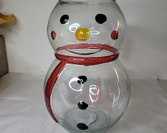 Vintage Sleigh Bell Bistro Glass Snowman Cookie Snack Jar - New Label Attached