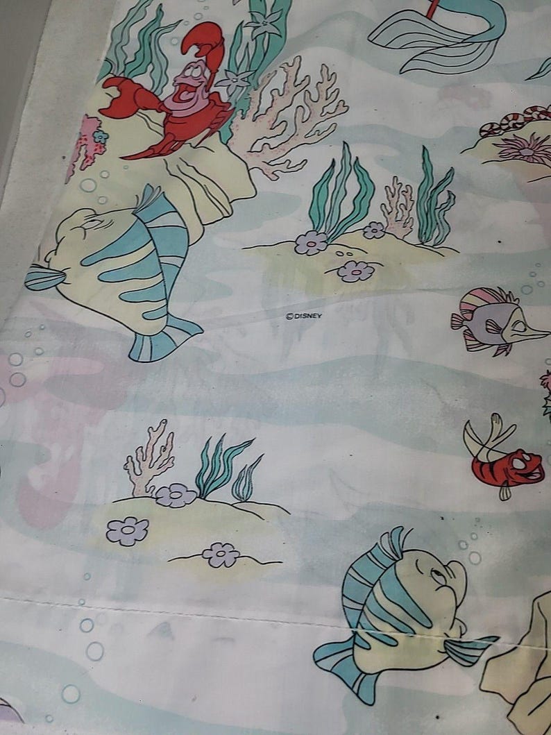 ヴィンテージ 90年代 ディズニー リトル・マーメイド ツインサイズ フラットシーツ 枕カバー付き 難あり 画像 9