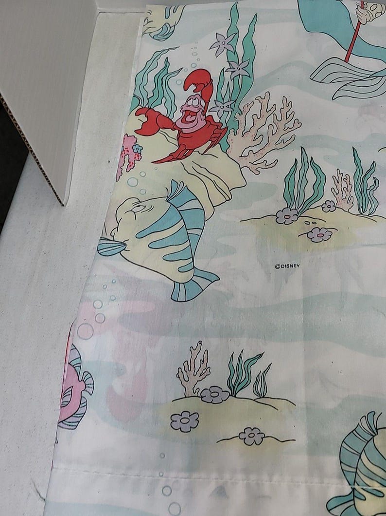 ヴィンテージ 90年代 ディズニー リトル・マーメイド ツインサイズ フラットシーツ 枕カバー付き 難あり 画像 10