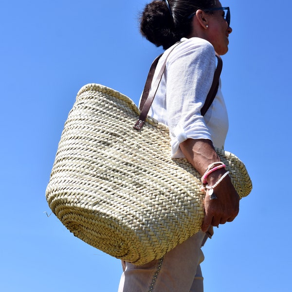 Ibiza Tasche / Korbtasche / Strandtasche / Markttasche / Shopper geflochten aus Palmblättern mit Lederhenkeln im Sommerlook