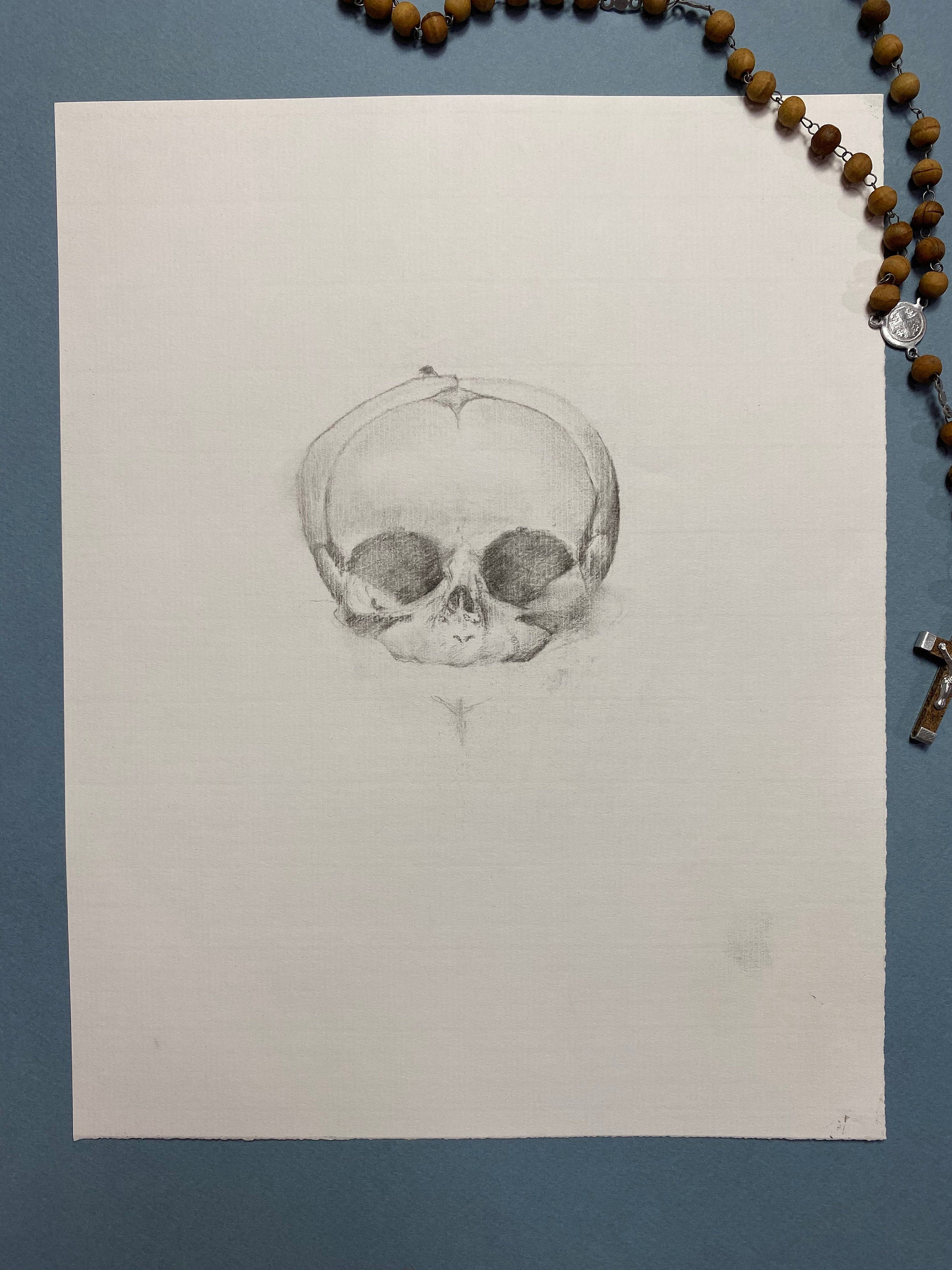 Time Skull Charcoal Drawing, Human Skull Drawing for Sale