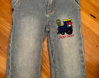 Upcycled Infant Striped Embroidered Dunagree Jeans SIZE 12-18 MONTHS (L)