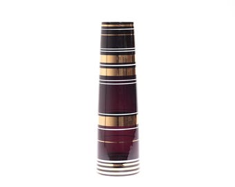 Borske Sklo purple glass cylinder vase with gold, 1950s