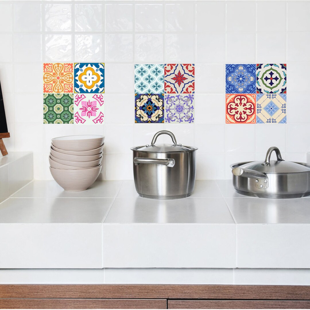 Tile Decals Radom Set of 16 Traditional Tile Stickers, Self Adhesive