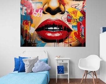 Wall Mural Lips on graffiti - Peel and Stick Fabric Wallpaper for Interior Home Decor