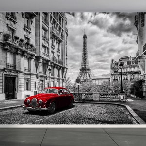 Wall Mural Eiffel Tower with Red retro limousine car, Peel and Stick Removeable Fabric Wallpaper for Interior Home Decor