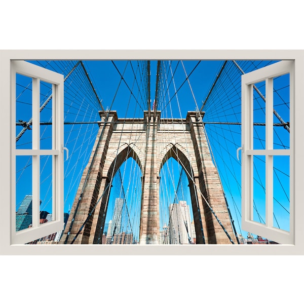 Venster Frame muurschildering uitzicht op Brooklyn Bridge - groot formaat - Peel en Stick stof illusie 3D Wall Decal foto Sticker