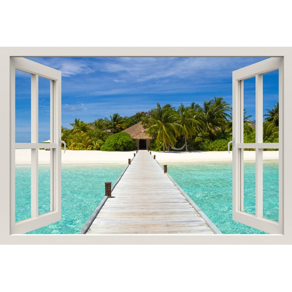 Window Frame Mural Beach on a Tropical Island - Huge size - Peel and Stick Fabric Illusion 3D Wall Decal Photo Sticker