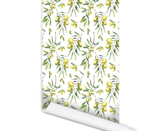 Green Olive branch Pattern Self adhesive Peel and Stick Repositionable Fabric Wallpaper