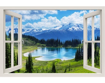 Window Frame Mural Cool water of the Lake - Huge size - Peel and Stick Fabric Illusion 3D Wall Decal Photo Sticker