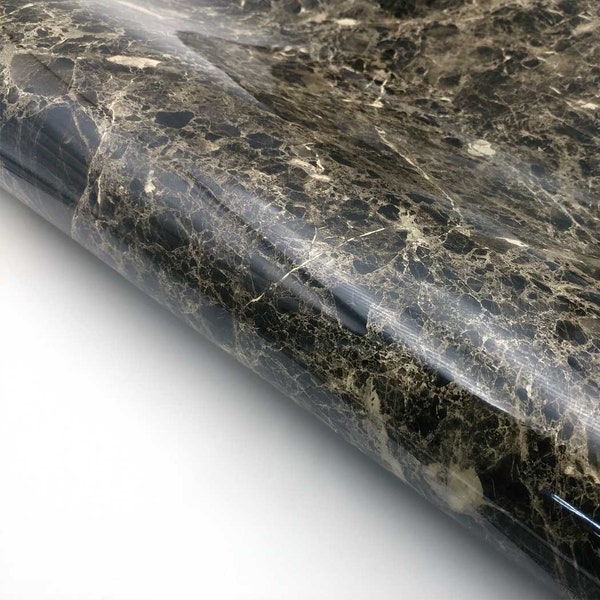 Marble Interior film Self adhesive - Black Glossy, 24" x 78.7" - Faux Marble Paper for Countertop Kitchen Cabinet Furniture