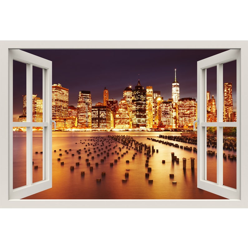 Window Frame Mural New York City Huge size Peel and Stick Fabric Illusion 3D Wall Decal Photo Sticker image 1