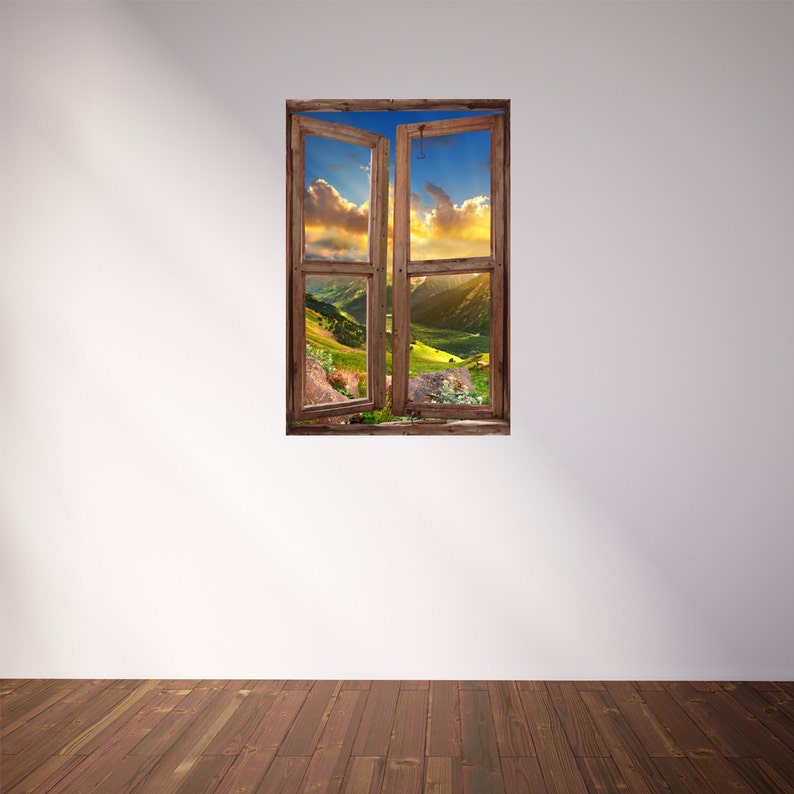 Window Wall Mural Valley during sunset, Peel and Stick Fabric Illusion 3D Wall Decal Photo Sticker image 2