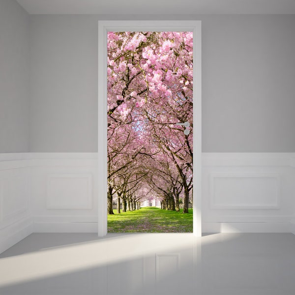 Door Wall Sticker Cherry Blossoms Place - Self Adhesive Peel & Stick Repositionable Fabric Mural 31"w x 79"h (80 x 200cm)