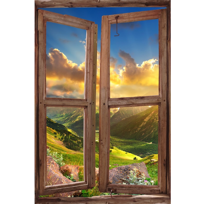 Window Wall Mural Valley during sunset, Peel and Stick Fabric Illusion 3D Wall Decal Photo Sticker image 1