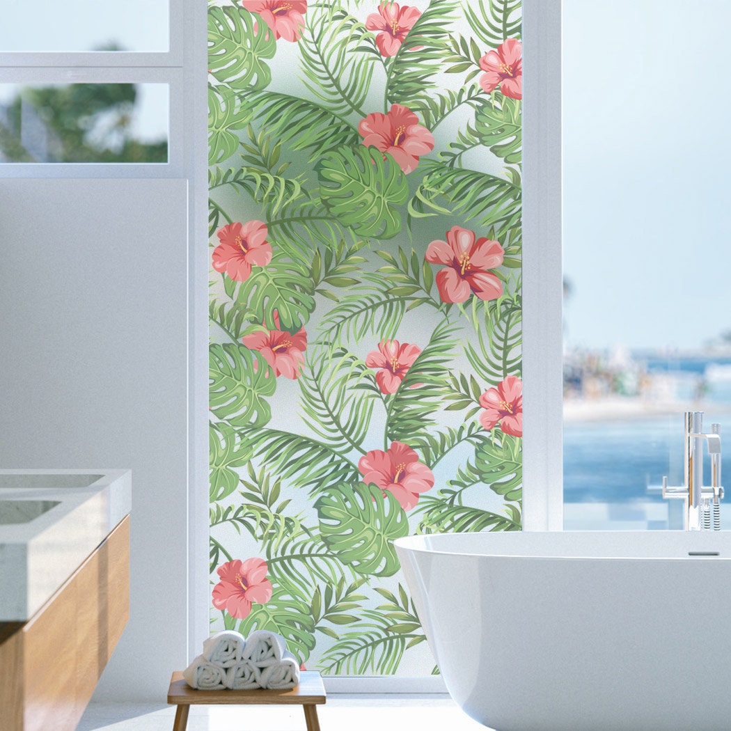 Tropical Floral Window Frosted Film Home Bathroom Security Privacy Stickers 