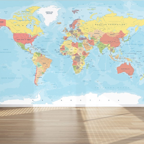 Wall Mural World Map, Peel and Stick Repositionable Fabric Wallpaper for Interior Home Decor