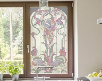 Frosted Stained Glass Window Film Static Cling classical style with flowers for Privacy Home & Office 24" x 37"