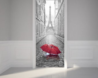 Door Wall Sticker Eiffel view from the Romantic street - Peel & Stick Repositionable Fabric Mural 31"w x 79"h (80 x 200cm)