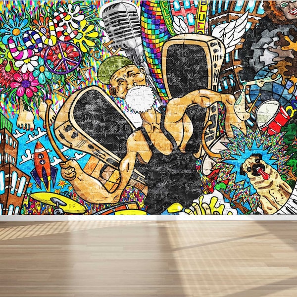Wall Mural Graffiti Music collage, Peel and Stick Removeable Fabric Wallpaper for Interior Home Decor