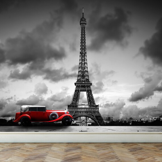 Wall Mural Eiffel Tower In Paris And Retro Red Car Peel And Stick Repositionable Fabric Wallpaper