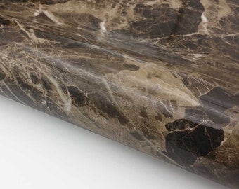 Marble Interior film Self adhesive - Dark brown Glossy, 24" x 78.7" - Faux Marble Paper for Countertop Kitchen Cabinet Furniture