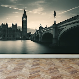 Wall Mural London in monochrome, Peel and Stick Repositionable Fabric Wallpaper for Interior Home Decor image 1