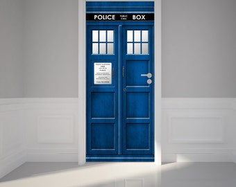 Door Wall Sticker Police Call Box - Self Adhesive Peel & Stick Repositionable Fabric Mural