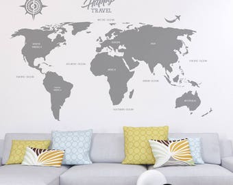 Large World Map Decal, Vinyl Wall Stickers for Modern Wall design for Home Decor