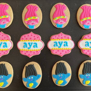 Trolls Birthday Party Cookies: Decorated Vanilla Sugar Cookies - Set of 12