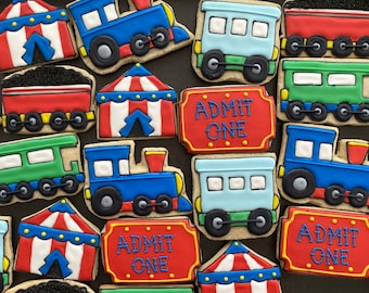 TRAIN CARGO CIRCUS x12  inspired vanilla sugar cookies - train party favors - boy or girl - thomas & friends - transportation cookies