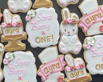 SOME BUNNY is ONE x12 themed cookies -- birthday party - girl - boy - baby shower - easter