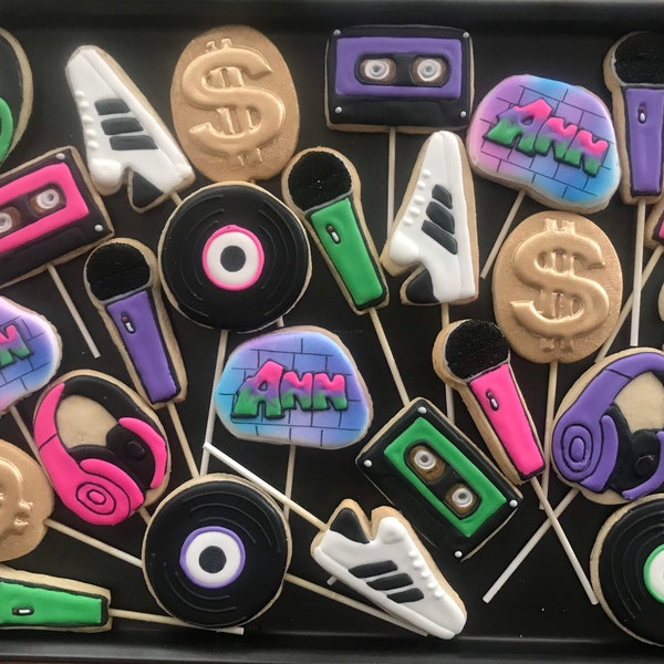 80's 90's colorful HIP HOP BOUQUET style cookies on sticks ( 18 cookies with sticks)