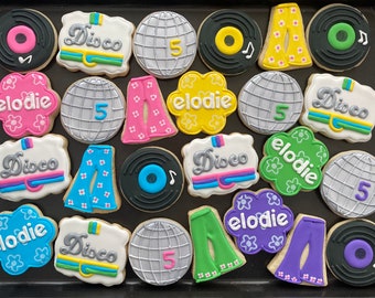 DISCO 2 GROOVE Themed inspired vanilla sugar cookies (12-1 dozen in color) RETRO birthday party-disco-vinyl disc-old school