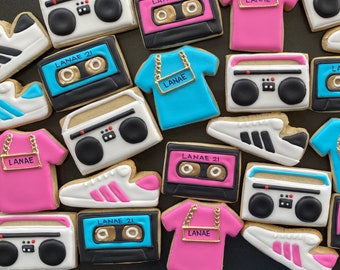 80's 90's HIP HOP inspired vanilla sugar cookies (12-1 dozen in color) RETRO birthday party-disco-boom box-radio vinyl disc-old school