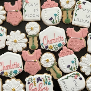 BABY IN BLOOM x12 themed cookies -- birthday party - girl - boy - baby shower -