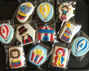 CIRCUS CARNIVAL  x12 themed cookies -- birthday party - baby shower -clown- monkey- elephant- seal- popcorn- hot air balloon