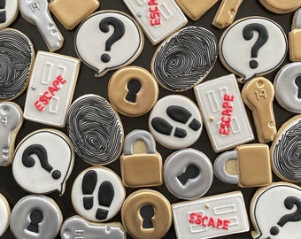 ESCAPE MYSTERY ROOM  x12 theme cookies customized party. Clue