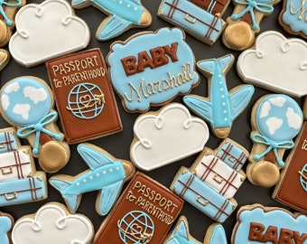 ADVENTURE AWAITS TRAVEL x12 themed cookies -- baby shower - travel - boy - bon voyage - just married