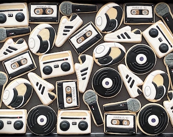 80&#39;s 90&#39;s HIP HOP inspired vanilla sugar cookies (12-1 dozen in Black&White) RETRO birthday party-disco-boom box-radio vinyl disc-old school