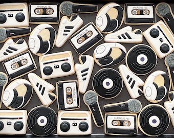 80's 90's HIP HOP inspired vanilla sugar cookies (12-1 dozen in Black&White) RETRO birthday party-disco-boom box-radio vinyl disc-old school