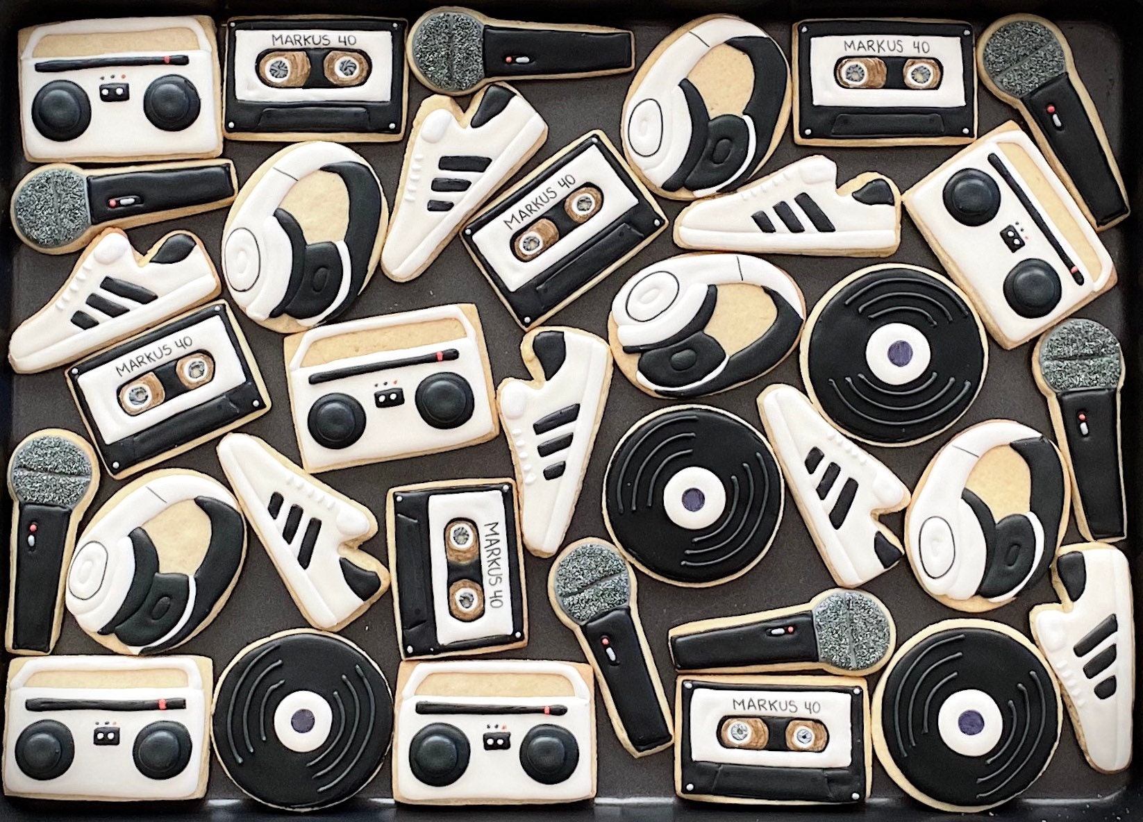 80's 90's HIP HOP inspired vanilla sugar cookies (12-1 dozen in Black&White) RETRO birthday party-disco-boom box-radio vinyl disc-old school