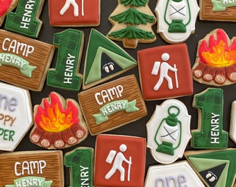 CAMP CAMPING HIKING inspired decorated cookies  - kids birthday party - party favor- baby shower- bear