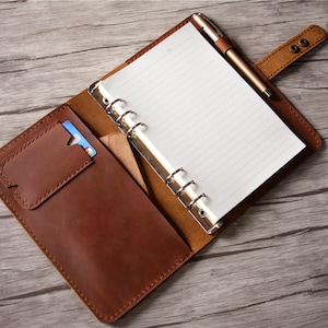Planejador semanal de couro, fichário de couro personalizado com 6 anéis, bloco de planejador mensal A5, planejador diário recarregável personalizado, planejador semanal de viagem