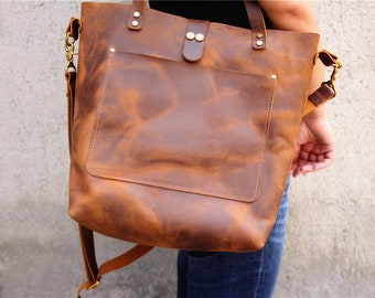 Handmade Full Grain Leather Tote Bag: Womens Crossbody Macbook Bag