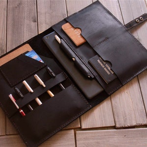Black Leather Organizer, Portafoglio pelle, Document Holder for Women, Leather Folder Folio for Men, A4 Padfolio Pouch Travel Case