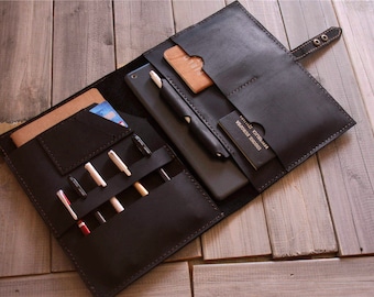 Black Leather Portfolio Cover Organizer: A4 B5 A5 Padfolio Travel Case Organizer Folio