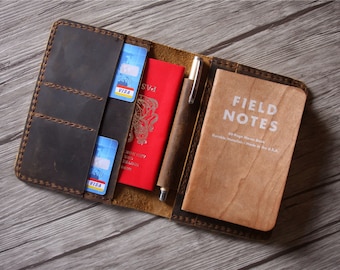 Cubierta del pasaporte de cuero, titular de la cartera del pasaporte personalizado, cubiertas de notas del campo del cuaderno de Moleskine, estuche de regalo de viaje de la cartera del pasaporte personalizado