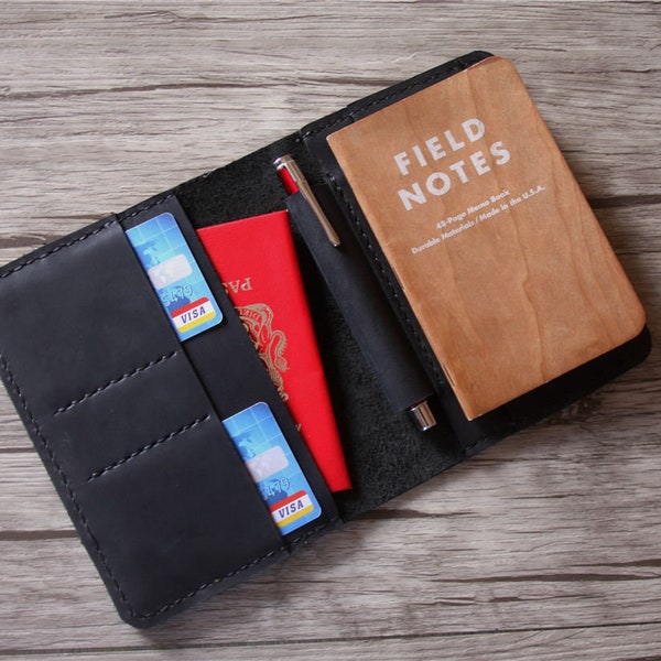 Couverture de passeport en cuir noir, porte-portefeuille personnalisé de passeport, couvertures de notes de champ de carnet de moleskine, cadeau de voyage de portefeuille de passeport personnalisé