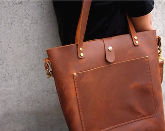 Handmade Full Grain Leather Tote Bag: 14-inch Laptop Crossbody